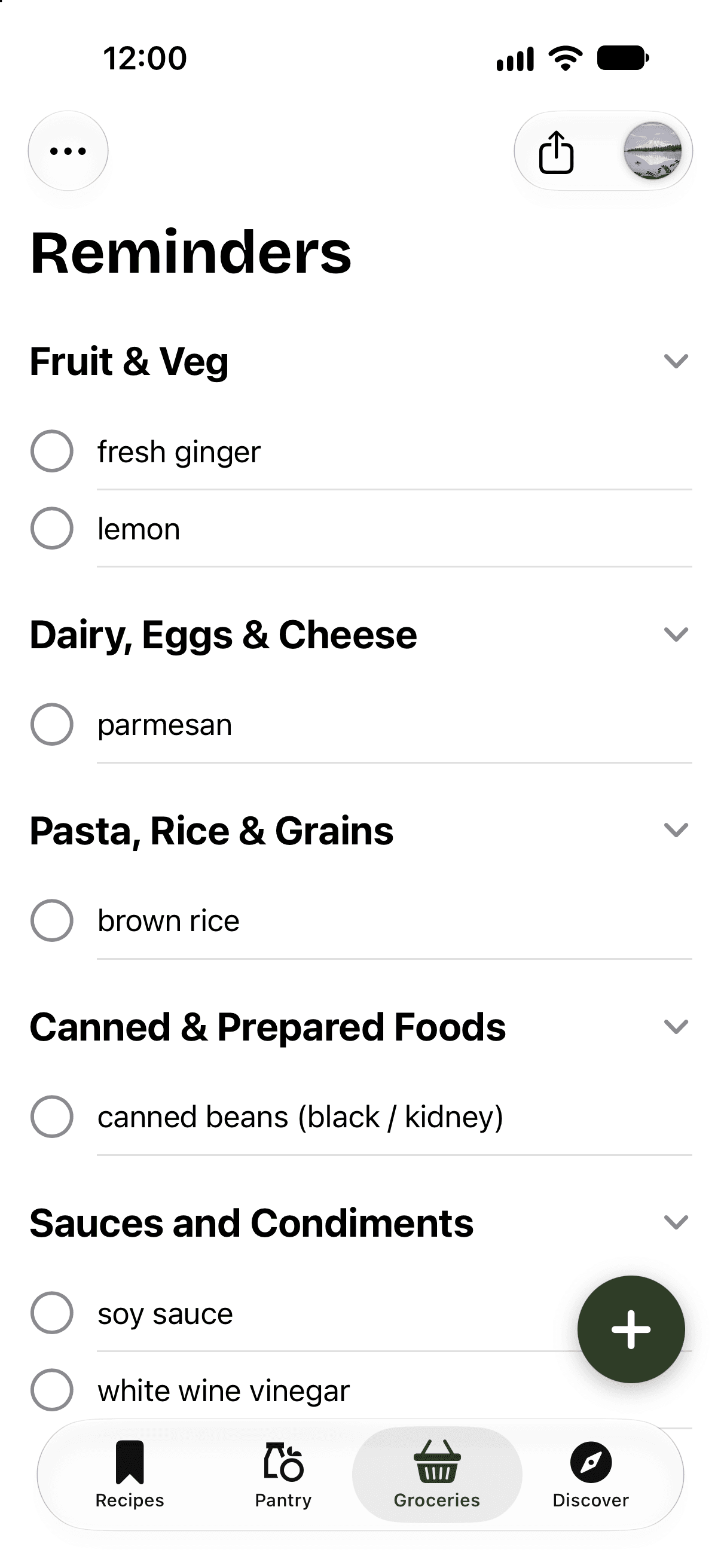 Grocery list sorted by supermarket section