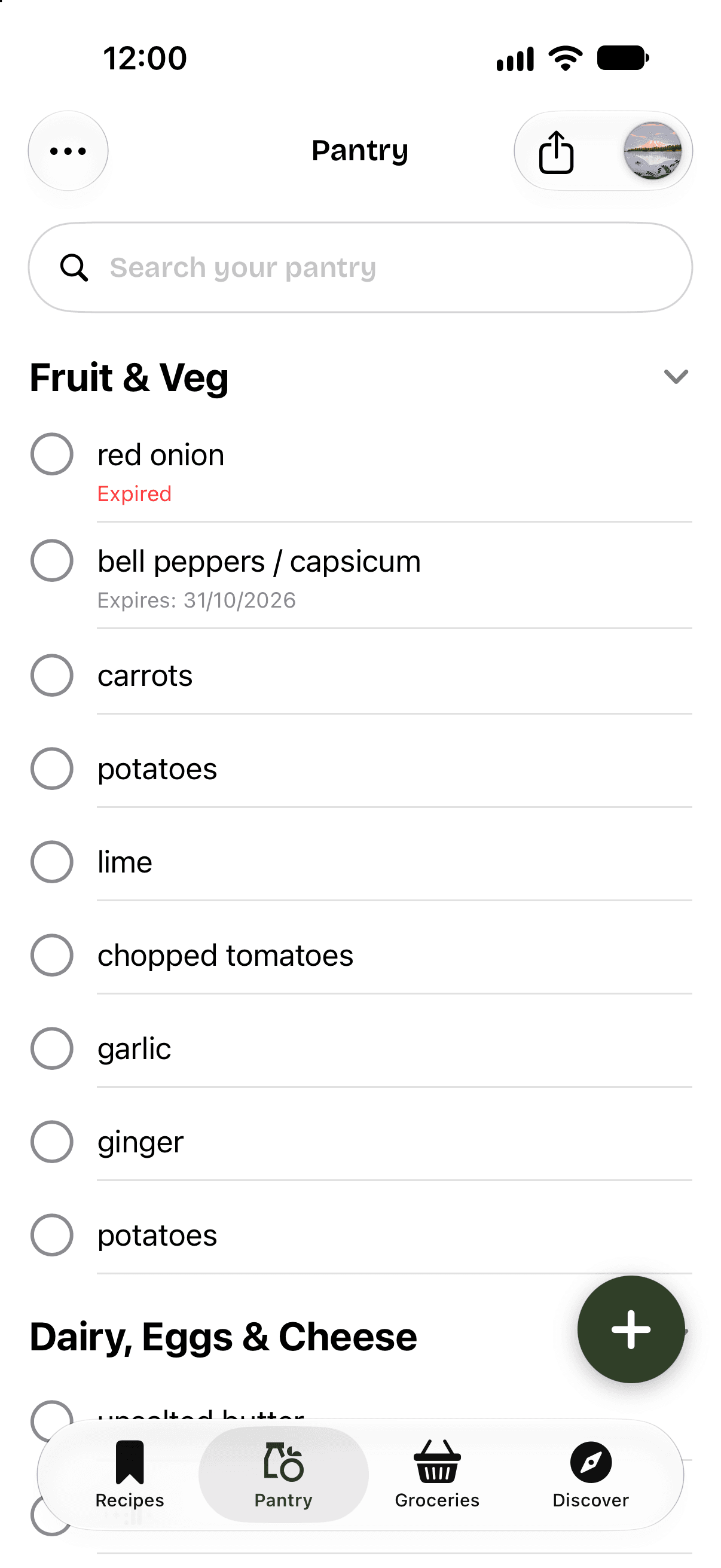 Pantry inventory sorted by category